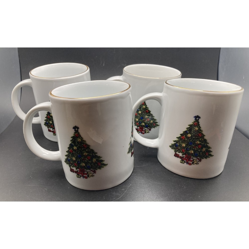 (4) Sea Gull Fine China Christmas Tree Coffee Mugs Teacups with Gold Rim w/ Box